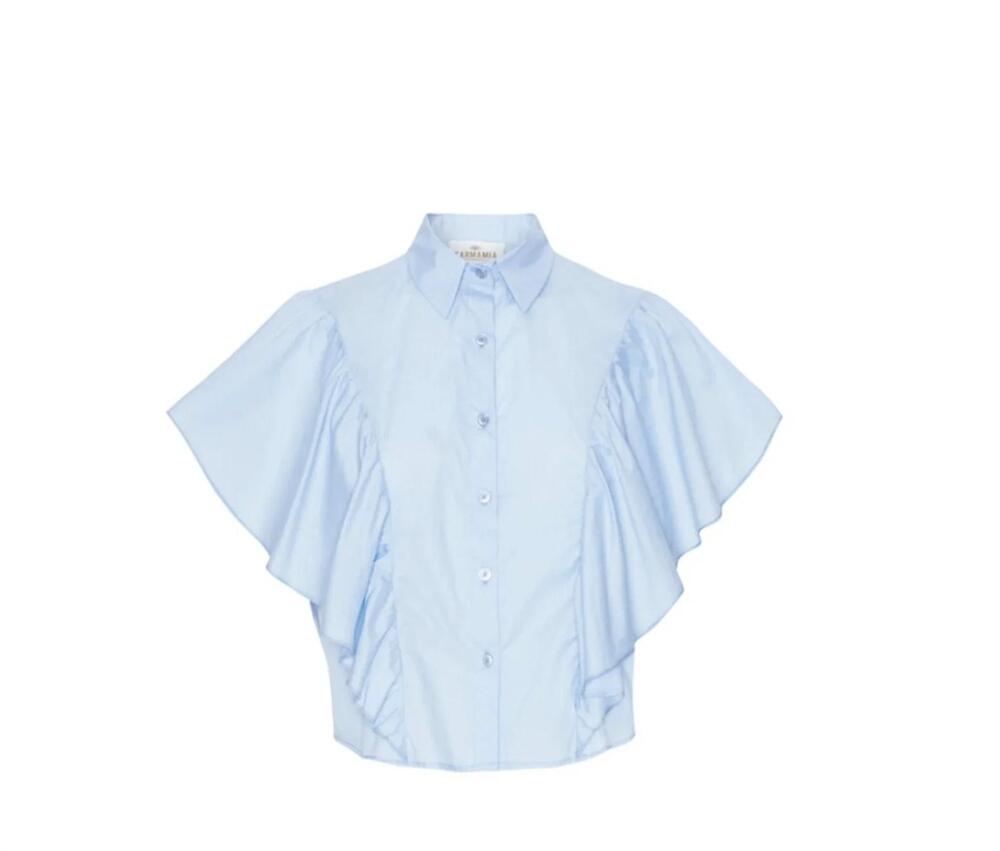 NEW KARMAMIA karmamia salma sky blue poplin ruffle shirt blouse in sky